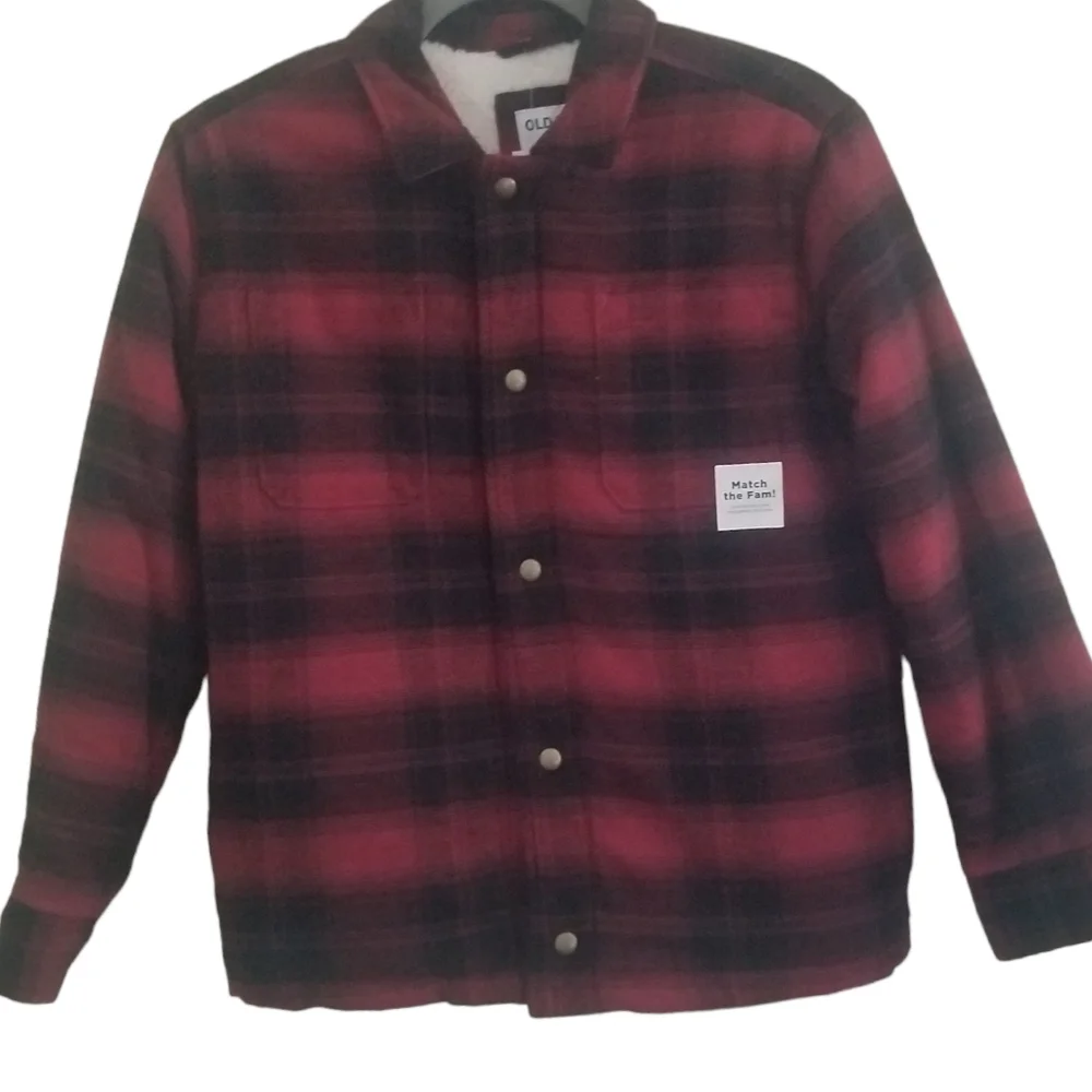 NWT Old Navy Boy's Plaid Flannel Sherpa Lined Jacket Red Buffalo Plaid X…
